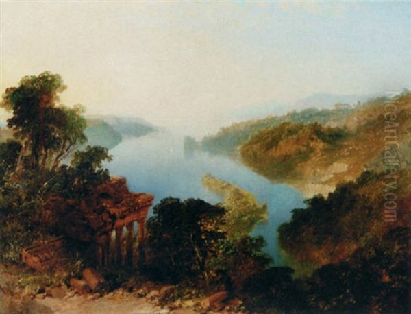 An Italianate Lake Landscape Oil Painting by Edmund John Niemann