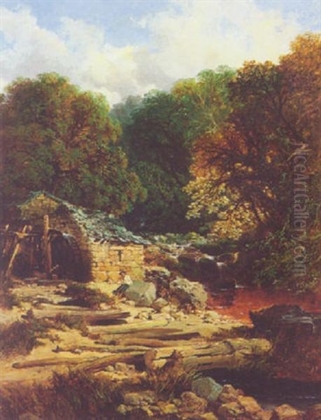 An Angler By A Watermill Oil Painting by Edmund John Niemann