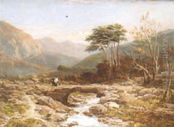 Rocky River Landscape, With Figures On A Bridge, Hills Beyond Oil Painting by Edmund John Niemann