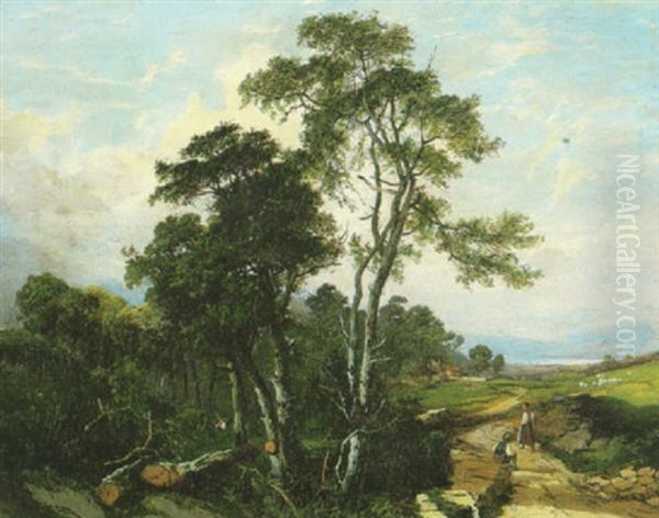 An Extensive Landscape With Figures On A Path In The Foreground, A Figure With A Fishing Pole Amongst The Trees And Houses Beyond Oil Painting by Edmund John Niemann