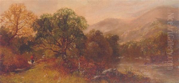 Travellers On A Sandy Track In A Rocky River Landscape Oil Painting by Edmund John Niemann