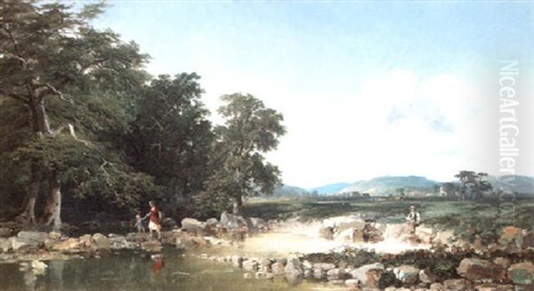 An Extensive Landscape At Abergavenny With A Fisherman And A Mother And Child On Rocks In The Foreground Oil Painting by Edmund John Niemann