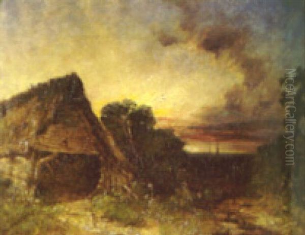 A Landscape With A Barn And A Town In The Distance Oil Painting by Edmund John Niemann