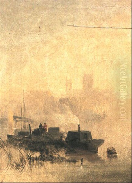 Barges On The River Witham On A Misty Day, Lincoln Cathedral Beyond Oil Painting by Edmund John Niemann