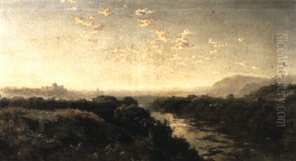 A River Landscape With A Castle Beyond Oil Painting by Edmund John Niemann