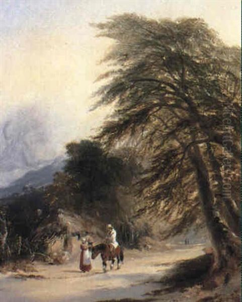 Wooded Landscape With Figures By A Cottage Oil Painting by Edmund John Niemann