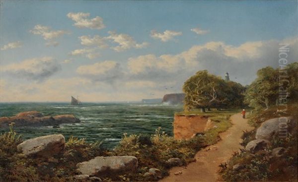 View Across A Bay, A Figure On A Path In The Foreground, Shipping And A Tower Beyond Oil Painting by Edward H. Niemann