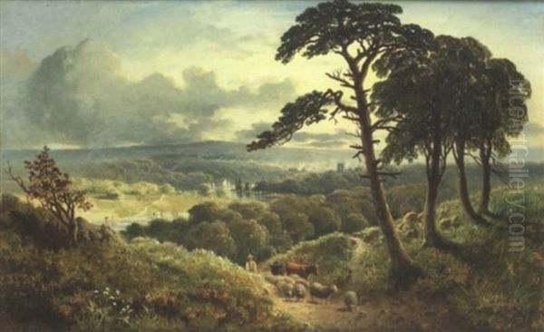 Driving Cattle And Sheep On A Woodland Path, A Valley Beyond Oil Painting by Edward H. Niemann