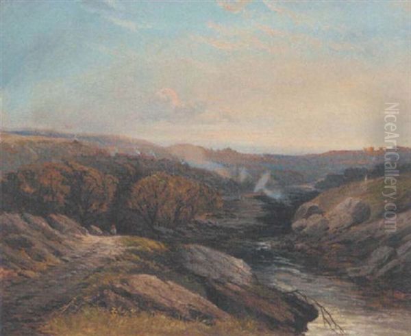 A Figure On A Riverside Track, A Castle Beyond Oil Painting by Edward H. Niemann