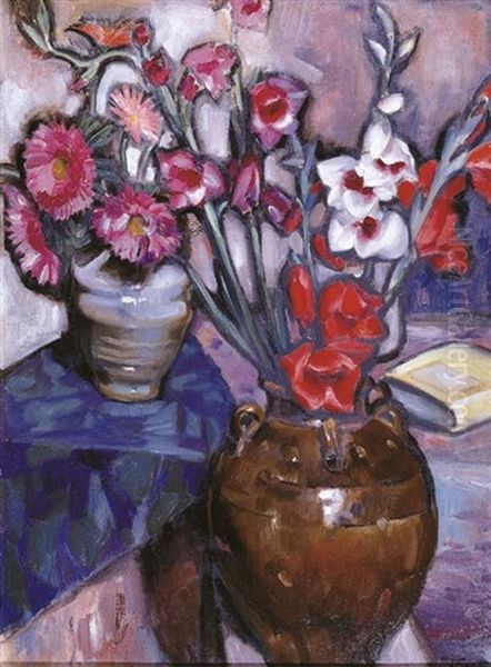 Still Life - Vases Of Flowers Oil Painting by Jan Frank Niemantsverdriet