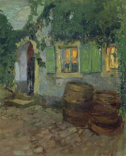 Weinumrankter Hof Mit Holzfassern (+ Study; 2 Works) Oil Painting by Adelbert Niemeyer