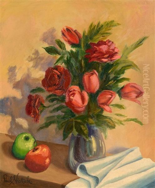 Still Life - Flowers And Fruit Oil Painting by Paul Nietsche