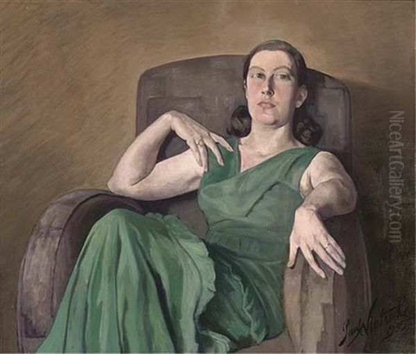 Portrait Of A Lady In A Green Dress Oil Painting by Paul Nietsche