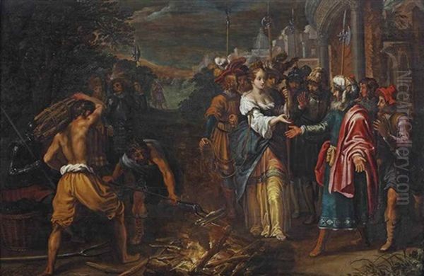 Judah And Tamar Oil Painting by Adriaen van Nieulandt the Elder