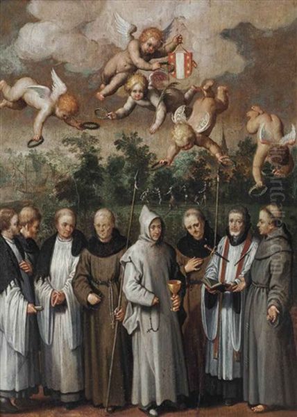 Saint Thomas Becket Surrounded By Monks And Being Heralded By Putti Oil Painting by Adriaen van Nieulandt the Elder