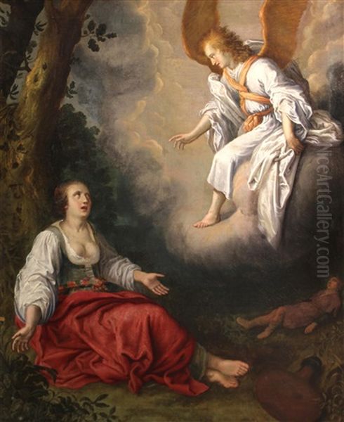 An Angel Saving Hagar And Ishmael Oil Painting by Adriaen van Nieulandt the Elder