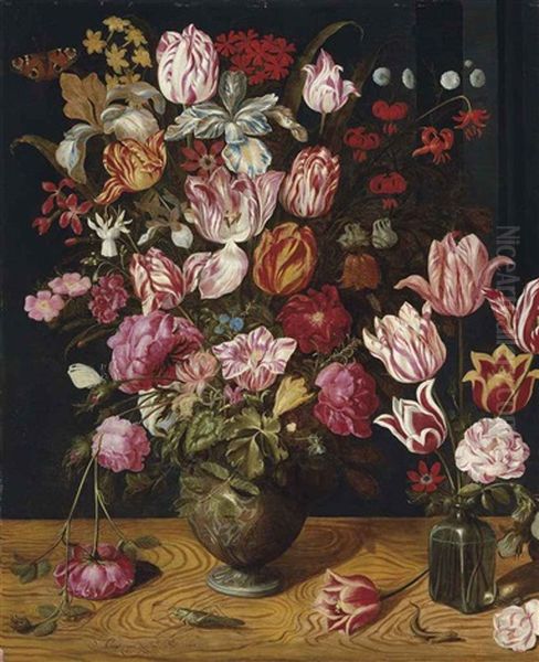 Tulips, Roses, Turk's Cap Lilies, Columbines, Carnations And Other Flowers In A Ceramic Vase, With Tulips In A Glass Vase, On A Wooden Ledge... Oil Painting by Adriaen van Nieulandt the Elder