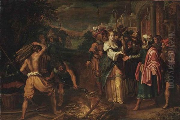 Judah And Tamar Oil Painting by Adriaen van Nieulandt the Elder