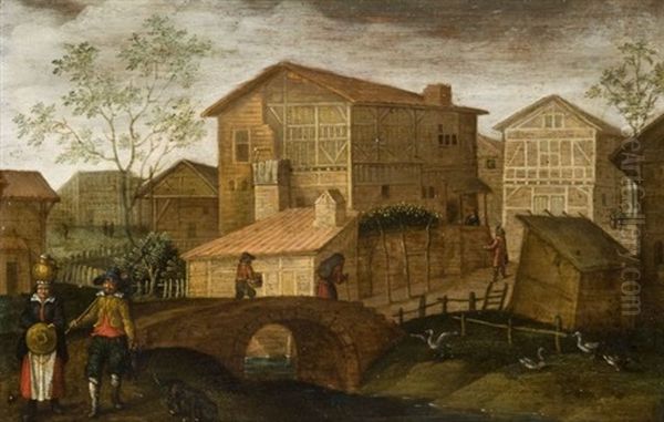 Vue D'un Village Anime Avec Un Pont Oil Painting by Adriaen van Nieulandt the Elder