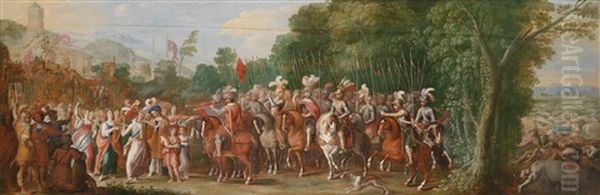 Musizierende Festlich Geschmuckte Frauen Empfangen Karl V Und Sein Heer Beim Triumphalen Einzug In Die Befreite Stadt Tunis Oil Painting by Adriaen van Nieulandt the Elder