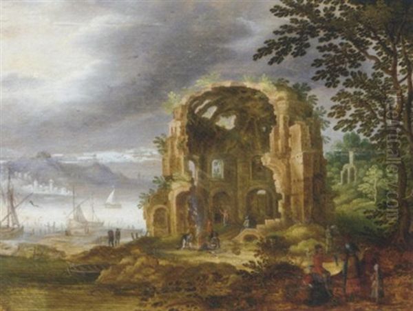 A River Landscape With The Temple Of Minerva Medica Oil Painting by Adriaen van Nieulandt the Elder