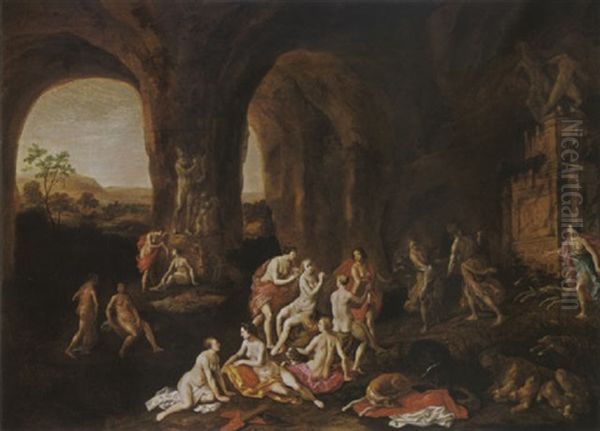 Diana And Her Nymphs Resting After The Hunt In A Cave, Surrounded By Antique Statues Oil Painting by Adriaen van Nieulandt the Elder