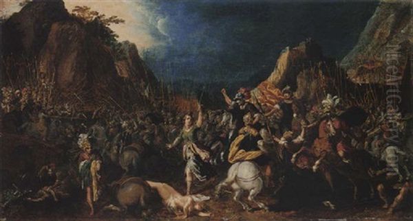 A Classical Battle Scene Oil Painting by Adriaen van Nieulandt the Elder