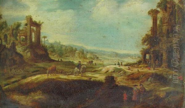 An Extensive Landscape With Travellers By Ruins Oil Painting by Adriaen van Nieulandt the Elder