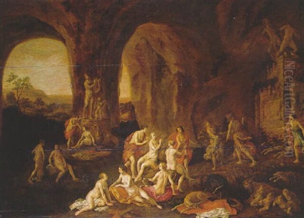 Diana And Her Nymphs Resting In A Cave, Among Classical  Statues Oil Painting by Adriaen van Nieulandt the Elder