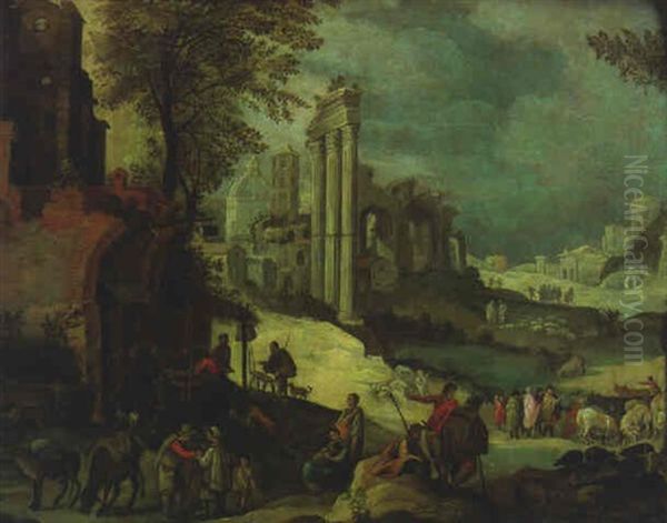 Figures Resting Before A Trattoria, The Forum And Saint Peter's, Rome Beyond Oil Painting by Adriaen van Nieulandt the Elder