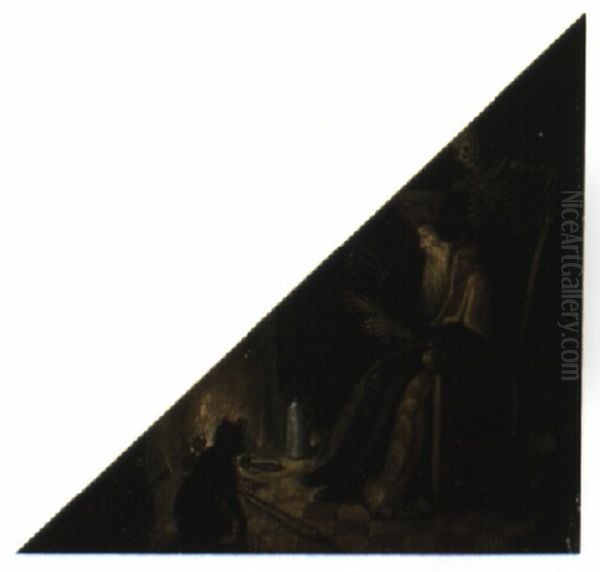 Old Man By Fireplace Flanked By Figure Of Death Oil Painting by Adriaen van Nieulandt the Elder