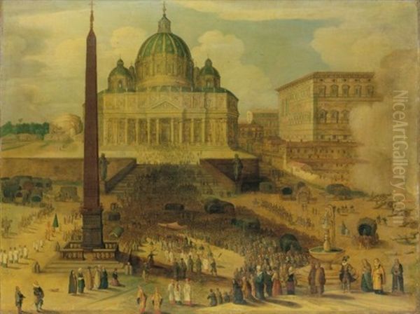 Saint Peter's Square, Rome, With A Procession Of Cardinals And Cannons Firing In Salute Oil Painting by Willem van Nieulandt the Elder