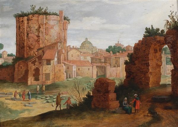 View Of A Town With Roman Ruins And Figures Oil Painting by Willem van Nieulandt the Elder