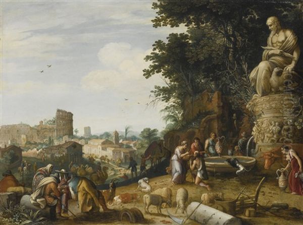 A Capriccio View Of Rome With The Colosseum And Rebecca And Eliezer By A Statue Of Zeus by Willem van Nieulandt the Elder