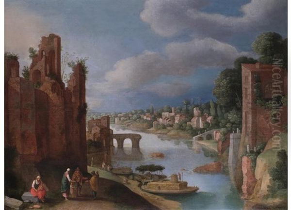 Romische Stadtvedute Mit Blick Auf Den Tiber Oil Painting by Willem van Nieulandt the Elder