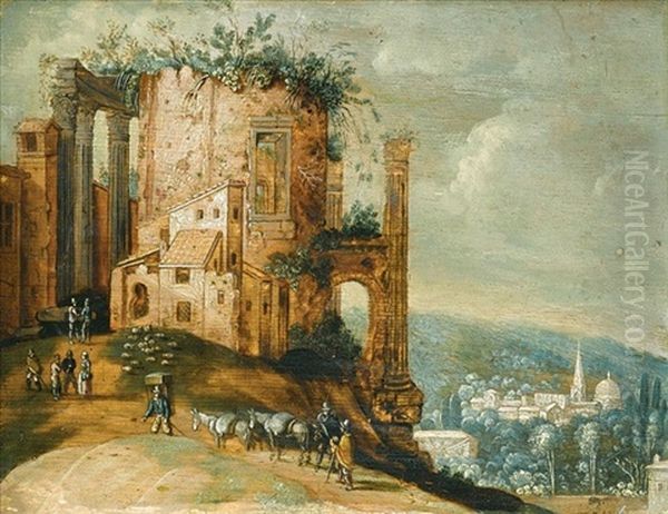 An Italianate Landscape With A Capriccio Of The Temple Of Vesta, Tivoli Oil Painting by Willem van Nieulandt the Elder