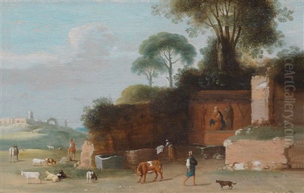 Sudliche Landschaft Mit Ruinen Und Hirtenstaffage Oil Painting by Willem van Nieulandt the Younger