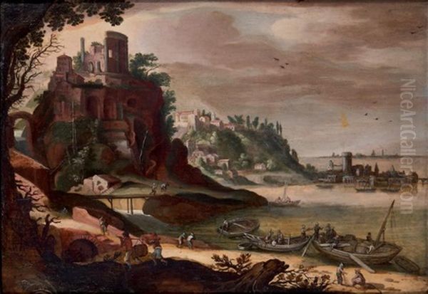 Paysage De Riviere Avec Le Temple De La Sybille De Tivoli Oil Painting by Willem van Nieulandt the Younger