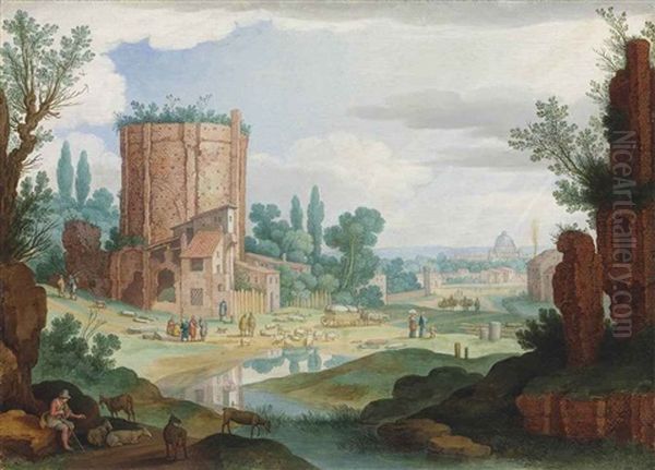 An Italianate Landscape With Classical Ruins, Reminiscent Of The Terme Di Traiano, Shepherds Watering Their Flocks, A View Of Rome In The Distance Oil Painting by Willem van Nieulandt the Younger