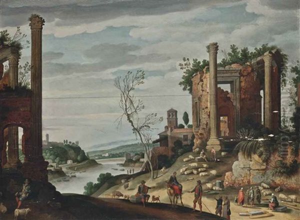 A River Landscape With Classical Ruins, Shepherds And Shepherdesses And Their Flock Oil Painting by Willem van Nieulandt the Younger