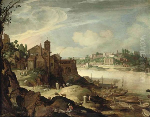 View Of The River Tiber With The Ripa Grande, Rome Oil Painting by Willem van Nieulandt the Younger