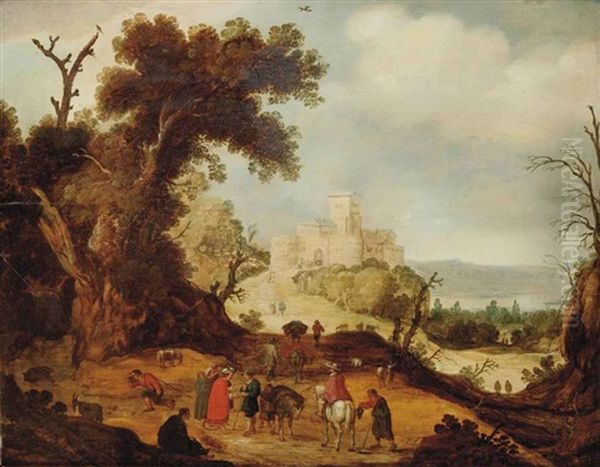 An Italianate Landscape With Travelers And A Fortune Teller On A Path, A Fortification Beyond Oil Painting by Willem van Nieulandt the Younger