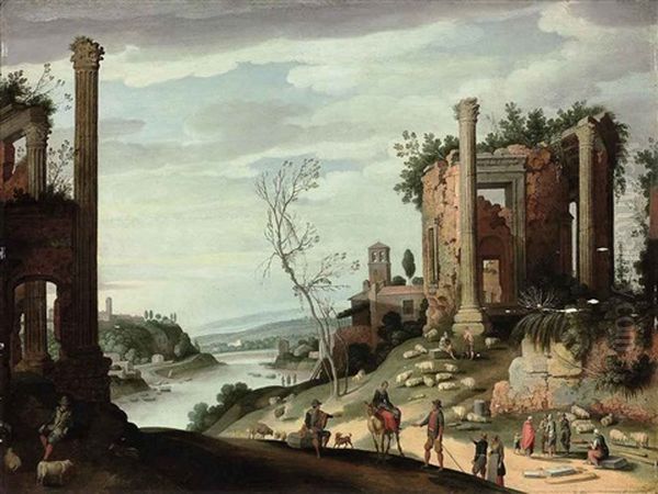 A River Landscape With Classical Ruins, Shepherds And Shepherdesses With Their Flock Oil Painting by Willem van Nieulandt the Younger