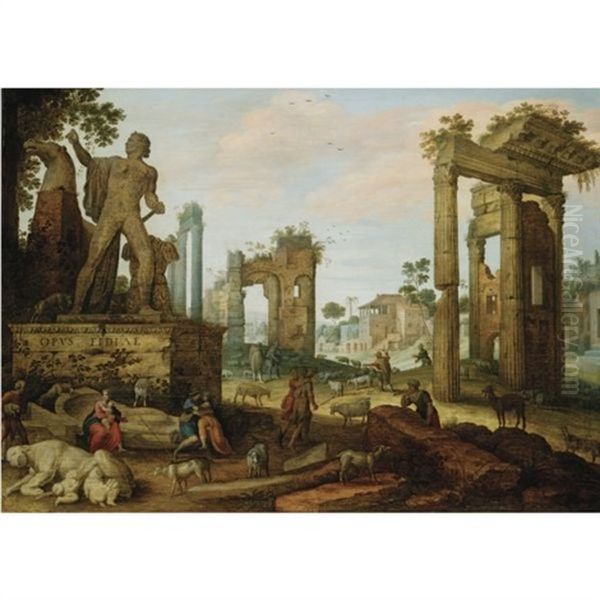 The Forum Romanum: Shepherds With Their Flock Amidst The Remains Of Roman Antiquities, An Amorous Peasant Couple In The Foreground Oil Painting by Willem van Nieulandt the Younger