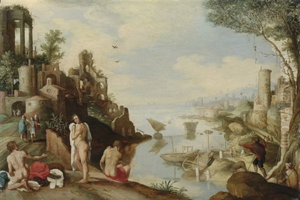 A Capriccio Landscape With Men Bathing Oil Painting by Willem van Nieulandt the Younger