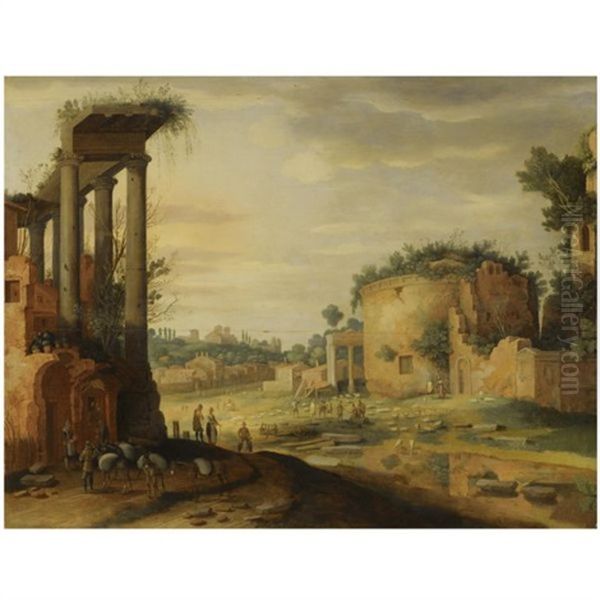 A Capriccio Italianate Landscape With Travellers By Classical Ruins In The Foreground Oil Painting by Willem van Nieulandt the Younger