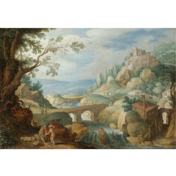 A Mountainous River Landscape With Herdsmen Resting Their Goats In The Foreground Oil Painting by Willem van Nieulandt the Younger