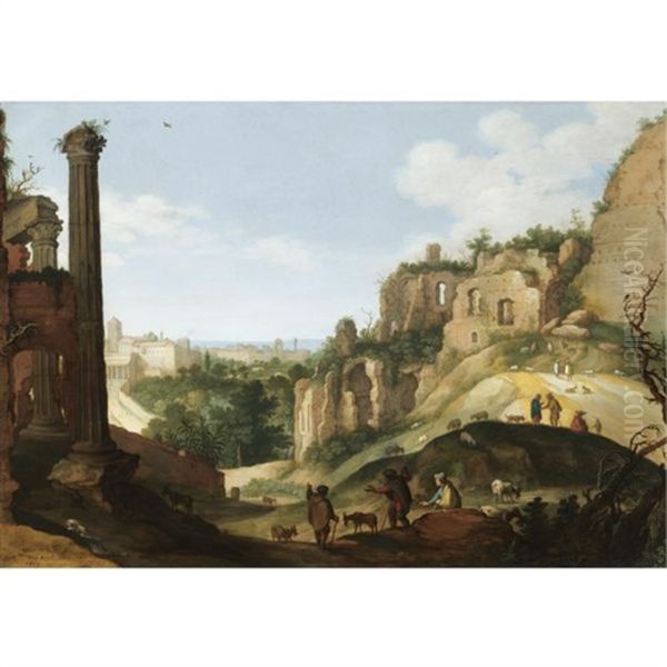 A Southern Landscape With Ruins, Possibly A Capriccio View Of Rome Oil Painting by Willem van Nieulandt the Younger