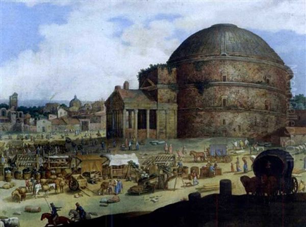 Busy Market Scene Outside The Pantheon At Rome Oil Painting by Willem van Nieulandt the Younger