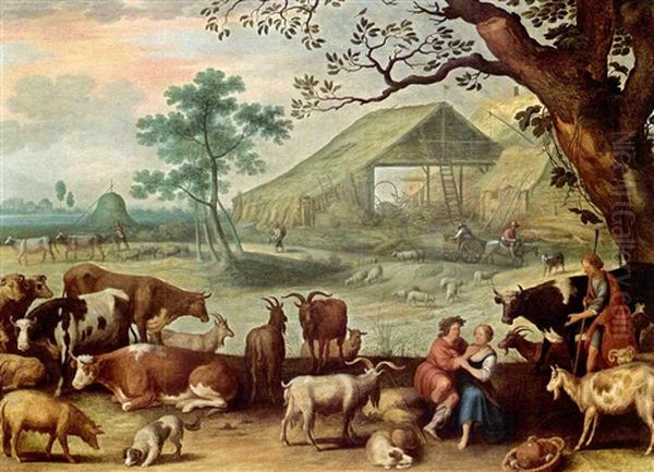 A Landscape With Amorous Shepherds And Their Herd With Another Shepherd Near A Tree In The Foreground, A View Of A Farm With A Horse-drawn Cart And Cows And Sheep Beyond Oil Painting by Willem van Nieulandt the Younger